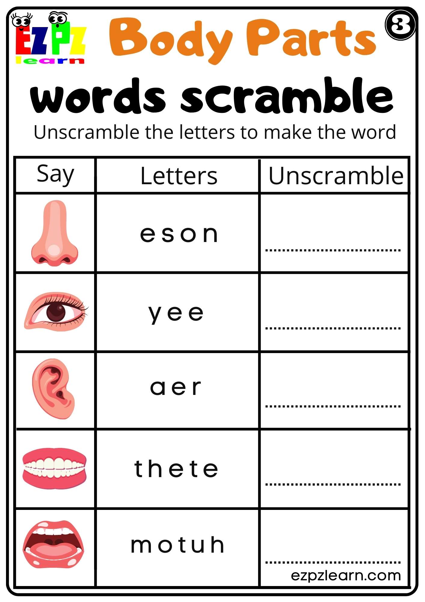 Body Parts Read Word Scramble Worksheet For Kids And ESL PDF Download 